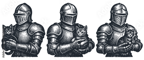 Vector set of medieval knights holding kittens. Humorous illustration.  Great for stickers, apparel, and design projects. Pets and history theme.