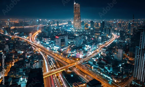 Wallpaper Mural Illuminated city at night, bridges crisscrossing, and towering buildings creating a captivating skyline Torontodigital.ca