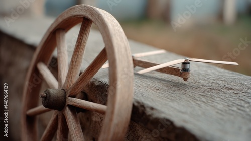 A rustic wooden wheel and a small propeller lie side-by-side on a sunlit ledge, creating a scene of simple harmony and curiosity outdoors.