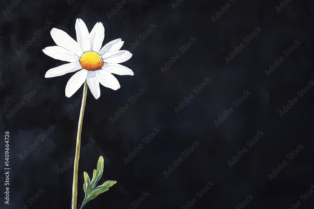 Obraz premium Watercolor painting of a single white daisy against a dark background.