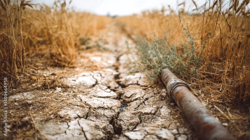 Obraz premium A cracked and dry field with a lone pipe stretching into the distance, symbolizing drought and the challenges of resource scarcity in rural landscapes.