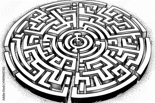 Complex circular maze with solution path highlighted - challenging puzzle concept in minimalist style representing problem-solving and life choices
