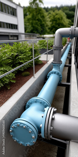 detailed view of industrial piping system featuring blue pipes and metal fittings, surrounded by greenery and modern