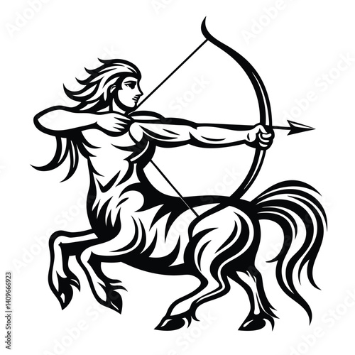Stylized Centaur Archer in Black and White on Isolated Background