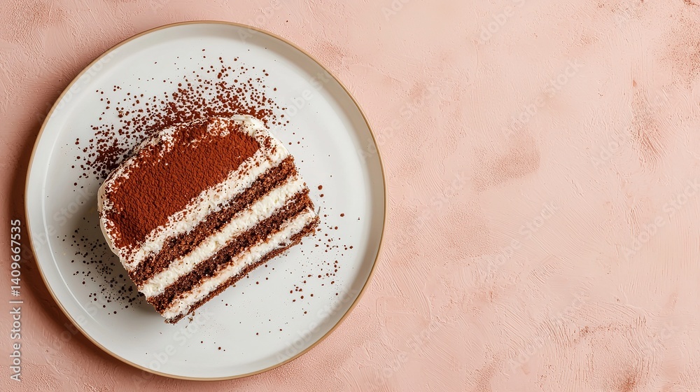 Tiramisu dessert slice flatlay on white plate with cocoa dust culinary art elegant presentation gourmet food Tiramisu dessert slice flatlay on white plate with cocoa dust culinary art elegant presentation gourmet food