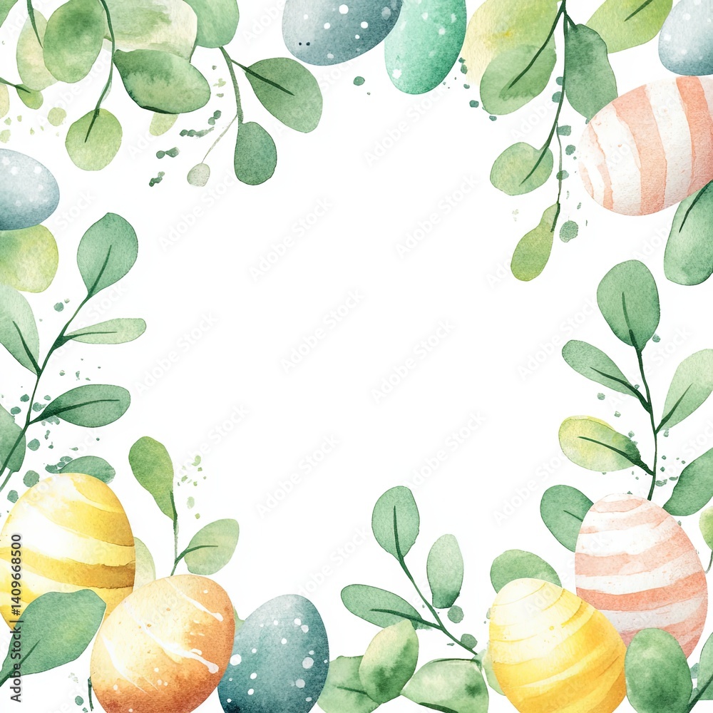 Cheerful Easter watercolor frame featuring bright, hand-painted style eggs surrounding a spacious blank area, perfect for event invitations, holiday promotions, or creative marketing designs.