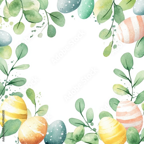 Obraz na płótnie Cheerful Easter watercolor frame featuring bright, hand-painted style eggs surrounding a spacious blank area, perfect for event invitations, holiday promotions, or creative marketing designs. w salonie