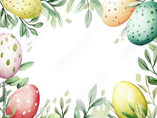 Obraz na płótnie Cheerful Easter watercolor frame featuring bright, hand-painted style eggs surrounding a spacious blank area, perfect for event invitations, holiday promotions, or creative marketing designs. w salonie
