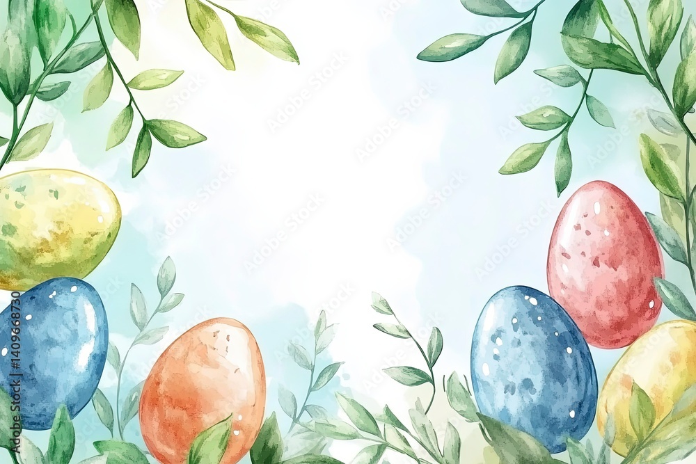Cheerful Easter watercolor frame featuring bright, hand-painted style eggs surrounding a spacious blank area, perfect for event invitations, holiday promotions, or creative marketing designs.