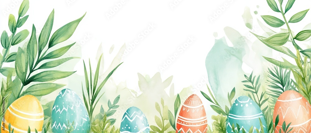 Cheerful Easter watercolor frame featuring bright, hand-painted style eggs surrounding a spacious blank area, perfect for event invitations, holiday promotions, or creative marketing designs.
