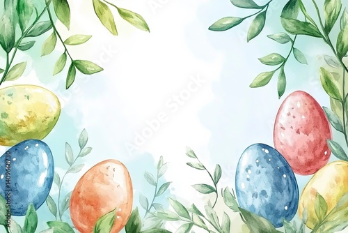 Obraz na płótnie Cheerful Easter watercolor frame featuring bright, hand-painted style eggs surrounding a spacious blank area, perfect for event invitations, holiday promotions, or creative marketing designs. w salonie
