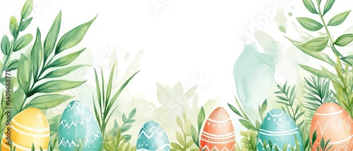 Obraz na płótnie Cheerful Easter watercolor frame featuring bright, hand-painted style eggs surrounding a spacious blank area, perfect for event invitations, holiday promotions, or creative marketing designs. w salonie