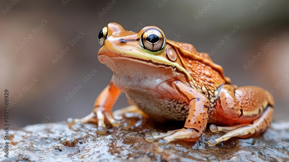 Close-up shot capturing a vibrant orange frog perched on a textured gray rock, set against a soft, blurred brown background. The frog's detailed skin and reflective eyes create a vivid contrast Close-up shot capturing a vibrant orange frog perched on a textured gray rock, set against a soft, blurred brown background. The frog's detailed skin and reflective eyes create a vivid contrast