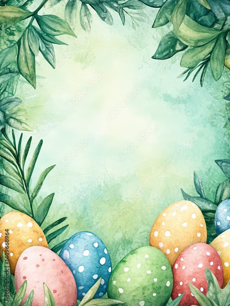 Cheerful Easter watercolor frame featuring bright, hand-painted style eggs surrounding a spacious blank area, perfect for event invitations, holiday promotions, or creative marketing designs.