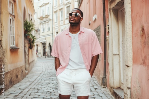 Fototapeta Naklejka Na Ścianę i Meble -  handsome black man posing on the small european street