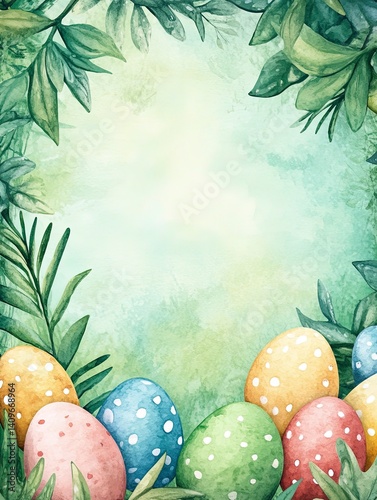 Obraz na płótnie Cheerful Easter watercolor frame featuring bright, hand-painted style eggs surrounding a spacious blank area, perfect for event invitations, holiday promotions, or creative marketing designs. w salonie