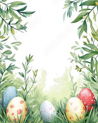 Obraz na płótnie Cheerful Easter watercolor frame featuring bright, hand-painted style eggs surrounding a spacious blank area, perfect for event invitations, holiday promotions, or creative marketing designs. w salonie