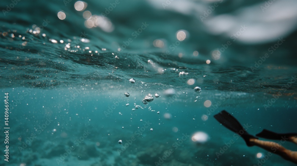 A swimmer’s flipper gracefully glides through clear blue water, capturing the refreshing essence and fluid motion of a swimmer underwater.