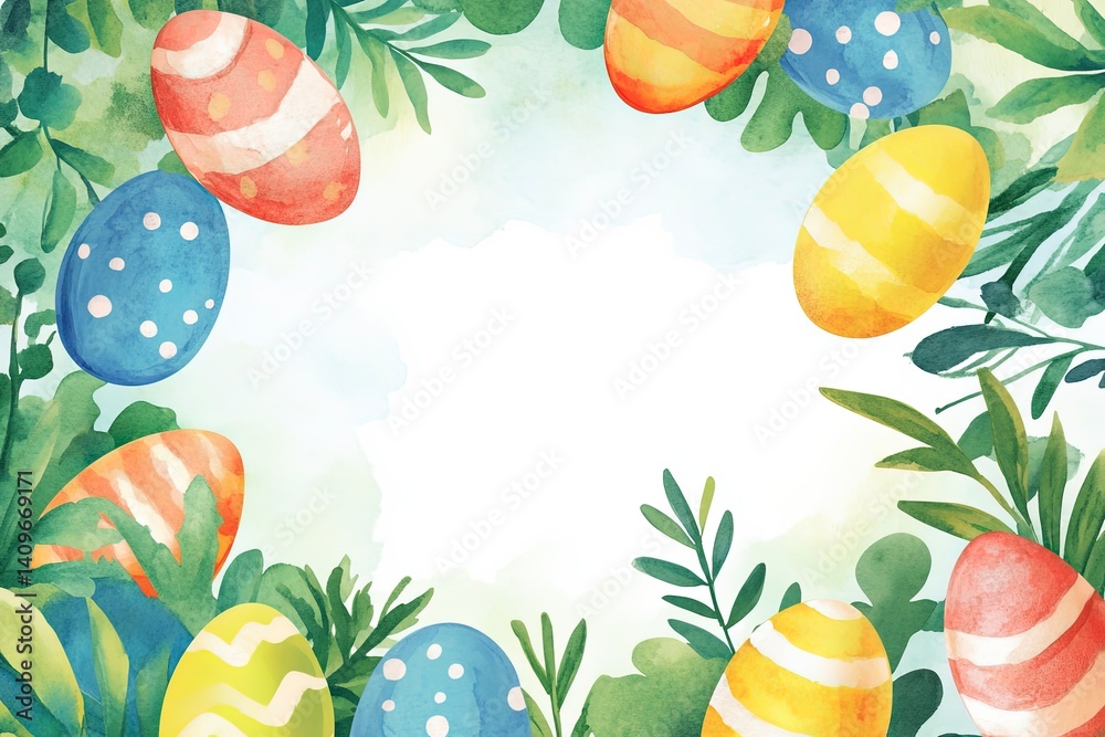 Cheerful Easter watercolor frame featuring bright, hand-painted style eggs surrounding a spacious blank area, perfect for event invitations, holiday promotions, or creative marketing designs.