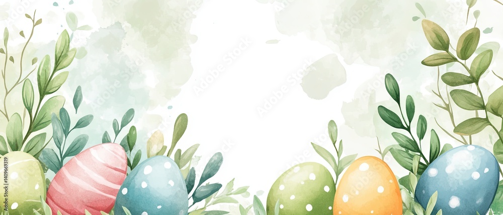 Cheerful Easter watercolor frame featuring bright, hand-painted style eggs surrounding a spacious blank area, perfect for event invitations, holiday promotions, or creative marketing designs.