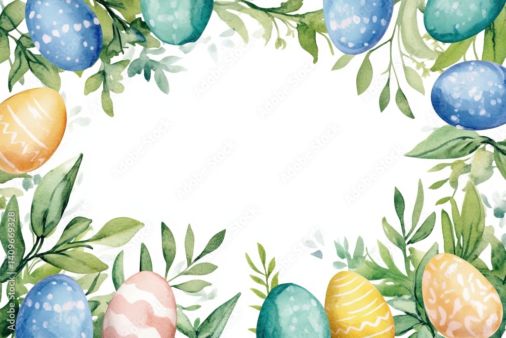 Cheerful Easter watercolor frame featuring bright, hand-painted style eggs surrounding a spacious blank area, perfect for event invitations, holiday promotions, or creative marketing designs.