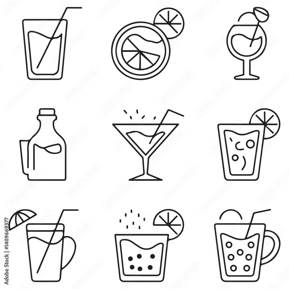 Drink thin line icons collection. Editable stroke. Vector with white background Drink thin line icons collection. Editable stroke. Vector with white background