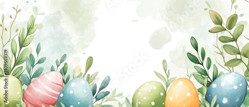Obraz na płótnie Cheerful Easter watercolor frame featuring bright, hand-painted style eggs surrounding a spacious blank area, perfect for event invitations, holiday promotions, or creative marketing designs. w salonie