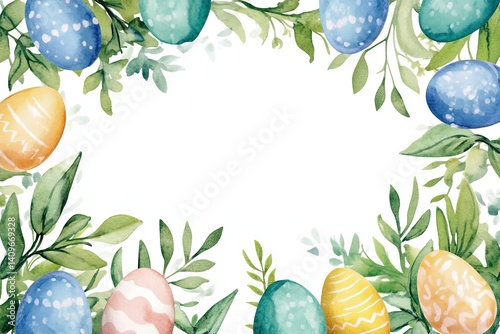 Obraz na płótnie Cheerful Easter watercolor frame featuring bright, hand-painted style eggs surrounding a spacious blank area, perfect for event invitations, holiday promotions, or creative marketing designs. w salonie