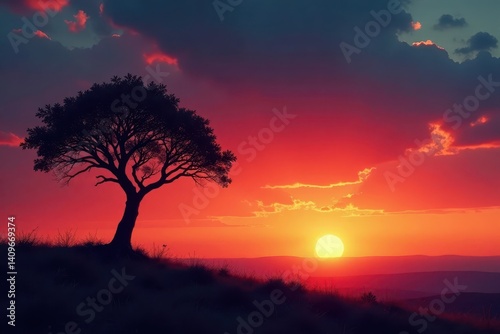Lone tree silhouette, vibrant sunset, barren landscape, view, barren, single