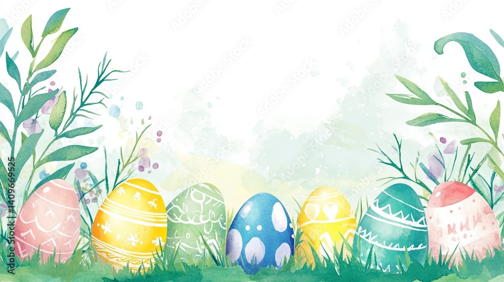 Cheerful Easter watercolor frame featuring bright, hand-painted style eggs surrounding a spacious blank area, perfect for event invitations, holiday promotions, or creative marketing designs.