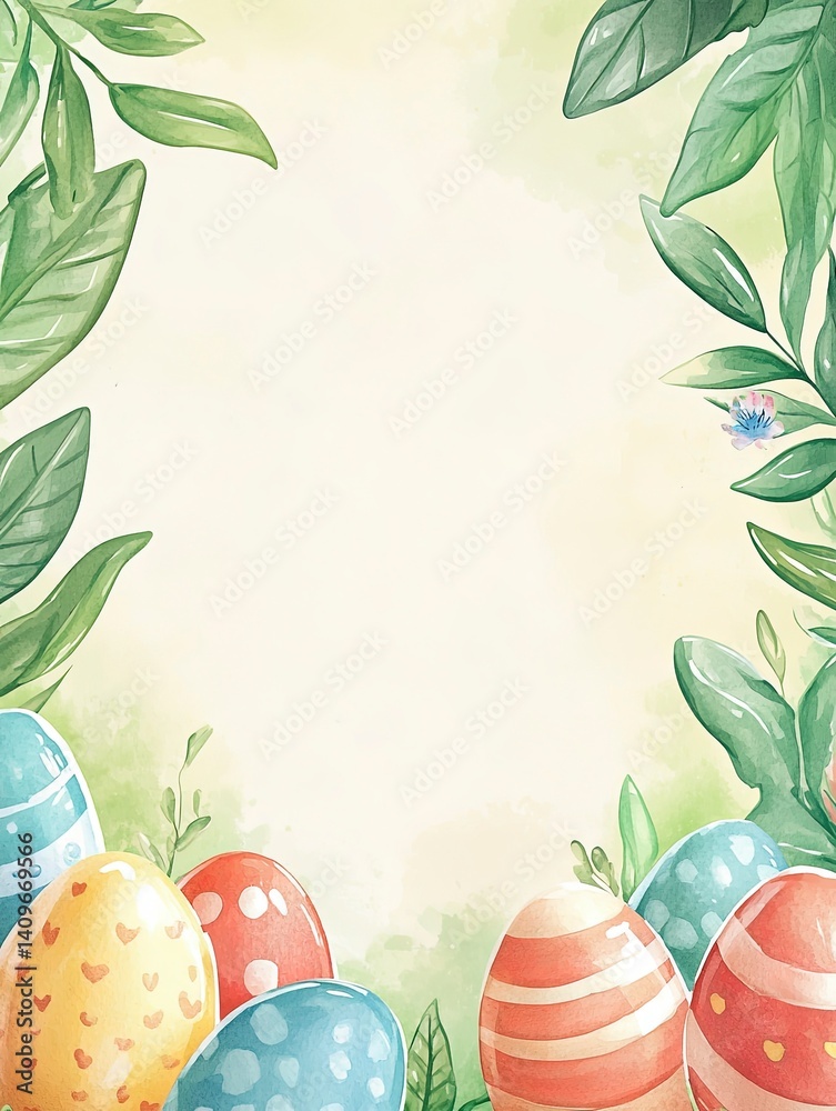 Cheerful Easter watercolor frame featuring bright, hand-painted style eggs surrounding a spacious blank area, perfect for event invitations, holiday promotions, or creative marketing designs.