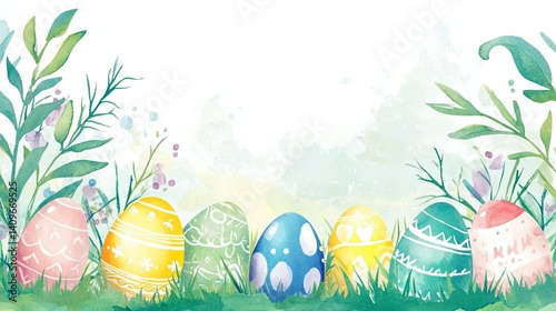 Obraz na płótnie Cheerful Easter watercolor frame featuring bright, hand-painted style eggs surrounding a spacious blank area, perfect for event invitations, holiday promotions, or creative marketing designs. w salonie