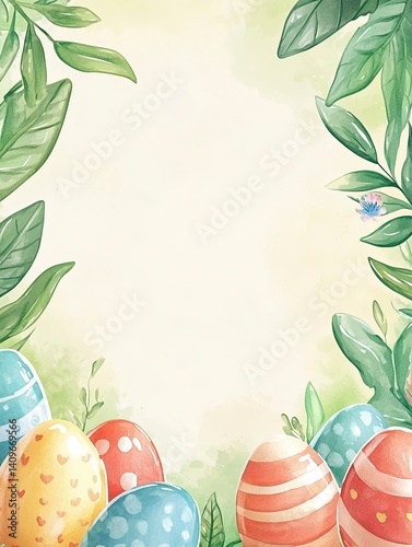 Obraz na płótnie Cheerful Easter watercolor frame featuring bright, hand-painted style eggs surrounding a spacious blank area, perfect for event invitations, holiday promotions, or creative marketing designs. w salonie