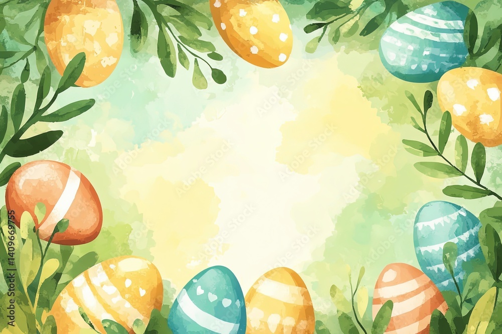 Cheerful Easter watercolor frame featuring bright, hand-painted style eggs surrounding a spacious blank area, perfect for event invitations, holiday promotions, or creative marketing designs.