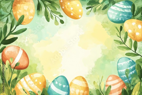 Obraz na płótnie Cheerful Easter watercolor frame featuring bright, hand-painted style eggs surrounding a spacious blank area, perfect for event invitations, holiday promotions, or creative marketing designs. w salonie
