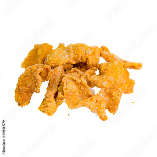 Deep-fried crispy chicken skin chips arranged in a scattered pile, golden brown and crunchy, isolated on white background