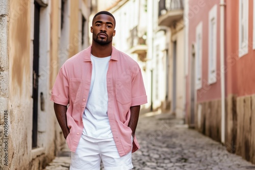 Fototapeta Naklejka Na Ścianę i Meble -  handsome black man posing on the small european street