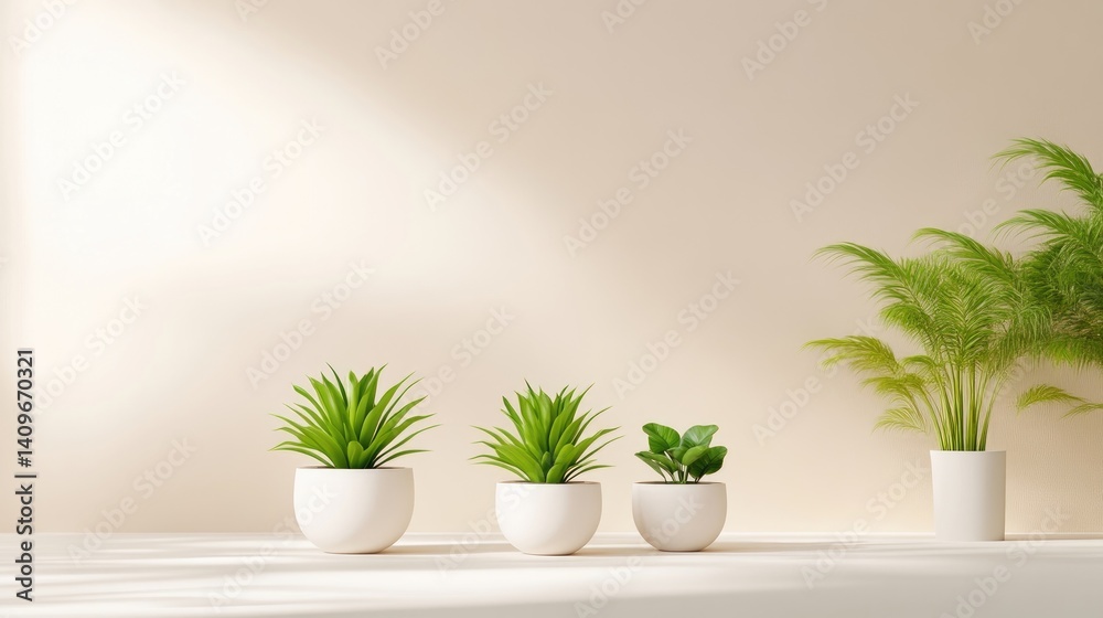 Fototapeta premium Minimalist, sunlit room with potted plants (1)