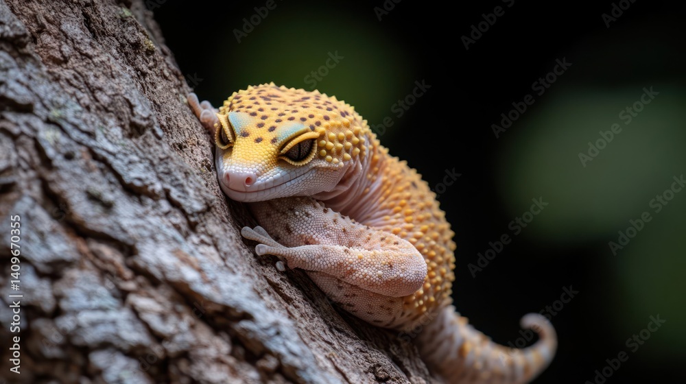 This close-up image highlights a vibrant yellow gecko with dark speckles, resting on textured tree bark. The gecko's eye is golden, the skin is contrasted with soft pink details, and a dark This close-up image highlights a vibrant yellow gecko with dark speckles, resting on textured tree bark. The gecko's eye is golden, the skin is contrasted with soft pink details, and a dark