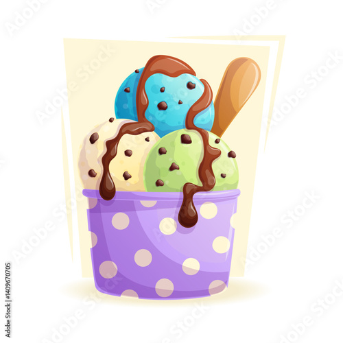 A cup with balls of delicious multi-colored ice cream poured with chocolate on a yellow background. The concept of confectionery, baking, cooking. Isolated vector illustration for menu design