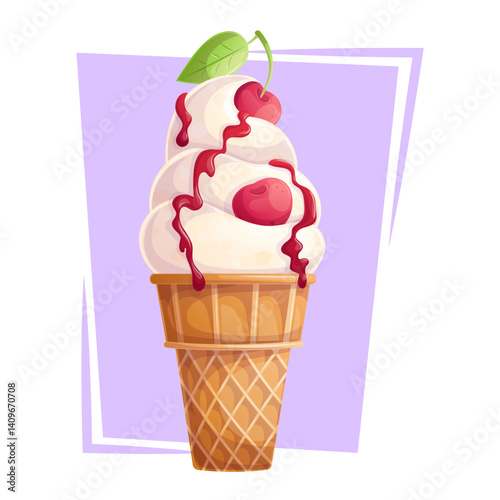 A waffle cup of delicious ice cream with cherries and syrup on a purple background. The concept of confectionery, baking, cooking. Isolated vector illustration for menu design, posters, banners