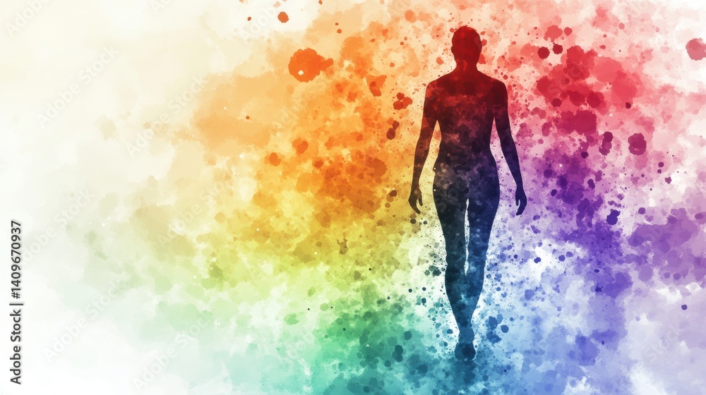 Silhouette of a Person Walking Through a Colorful Watercolor Background with Vibrant Splashes of Red, Orange, Yellow, Green, Blue, and Purple Hues Silhouette of a Person Walking Through a Colorful Watercolor Background with Vibrant Splashes of Red, Orange, Yellow, Green, Blue, and Purple Hues