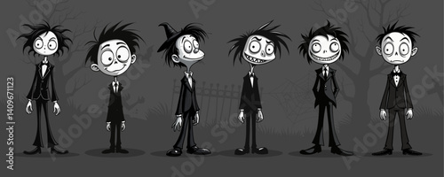 A set of six cartoon gothic cartoon characters