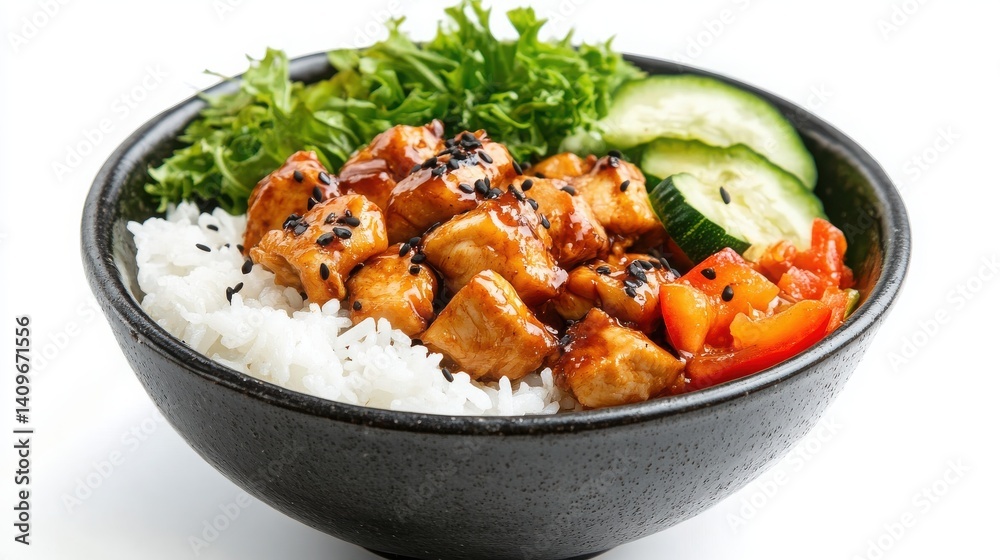 Mini rice bowl, chicken, veggies, isolated with white background Mini rice bowl, chicken, veggies, isolated with white background