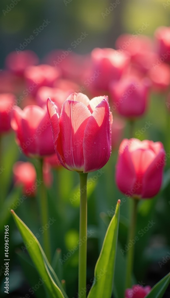 Fototapeta premium Dew-kissed pink tulips in vibrant spring garden , macro, wildlife