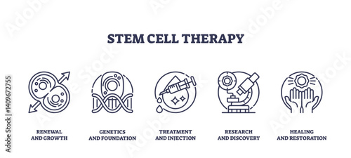 Stem cell therapy icons represent renewal, genetics, and treatment, transparent background. Outline icons set.