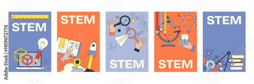 STEM concepts illustrated with geometric shapes, scientific tools, and mathematical symbols, transparent background.