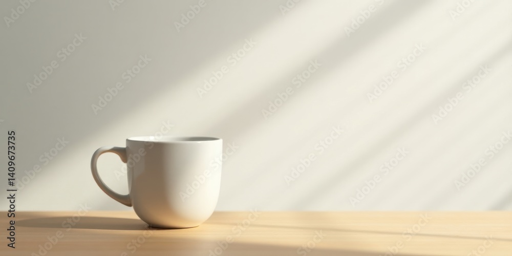 Fototapeta premium A Simple White Mug Resting on a Light Wooden Table in Soft Sunlight