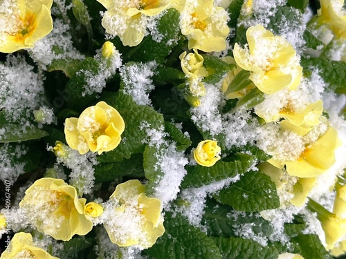 yellow blooming primroses under the snow in garden