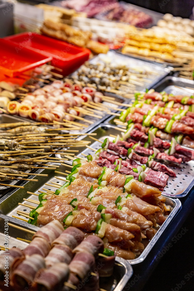 Obraz premium Close-up of assorted raw meat skewers including chicken, beef and vegetables, neatly arranged on trays at a vibrant Taiwanese night market